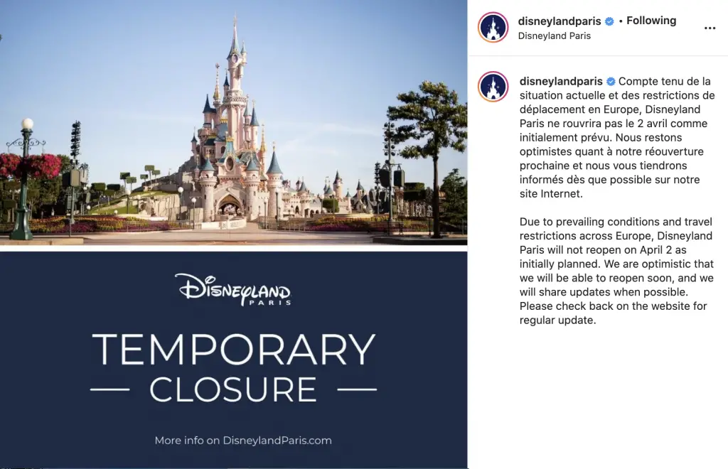 Disneyland Paris Confirms closure beyond april 2nd