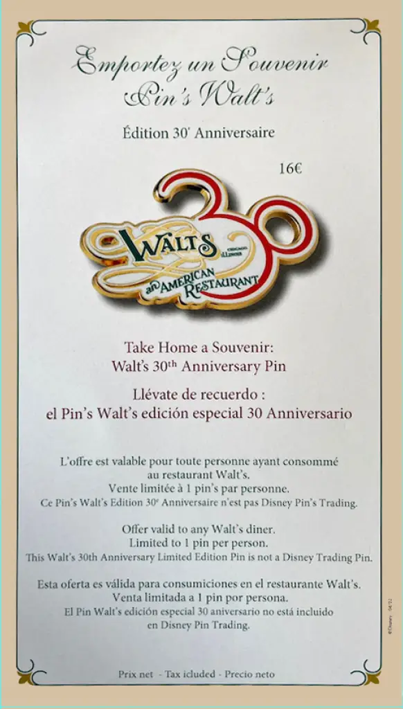 Disneyland Paris Limited Edition Walt’s 30th Anniversary Pin Available to Purchase by Diners at Walts Restaurant