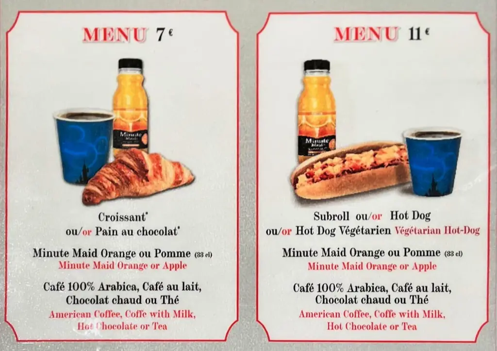 Casey's Corner Breakfast Menu at Disneyland Paris