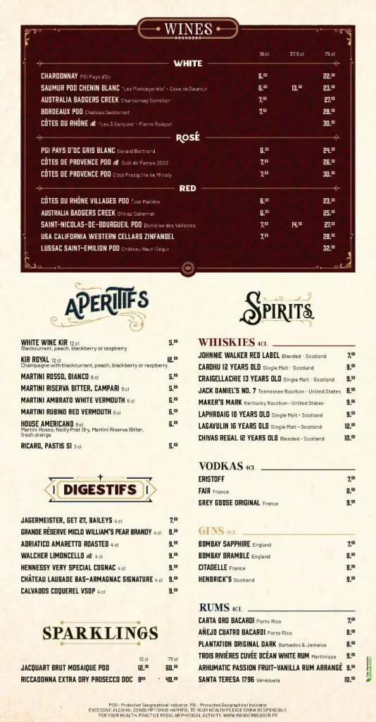 The Royal Pub Menu, Disneyland Paris