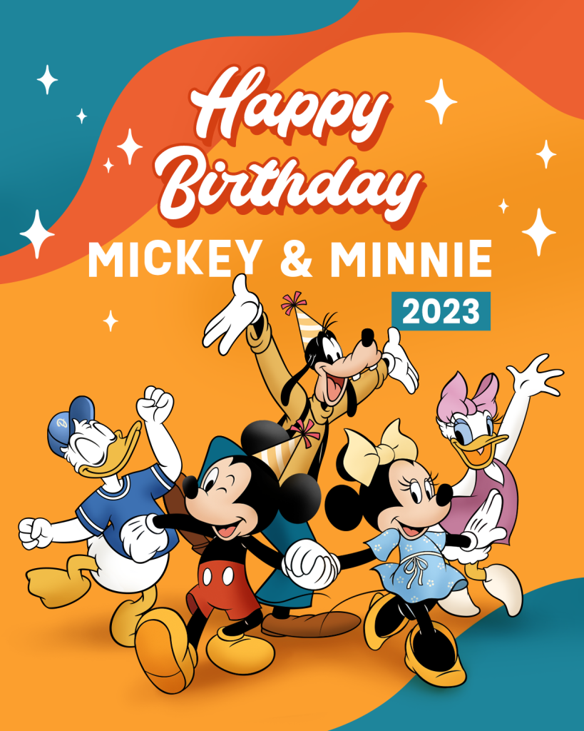 Mickey and Minnie birthday 2023, disneyland paris poster containing Mickey Mouse, Minnie Mouse, Donald duck, Goofy, and Daisy Duck
