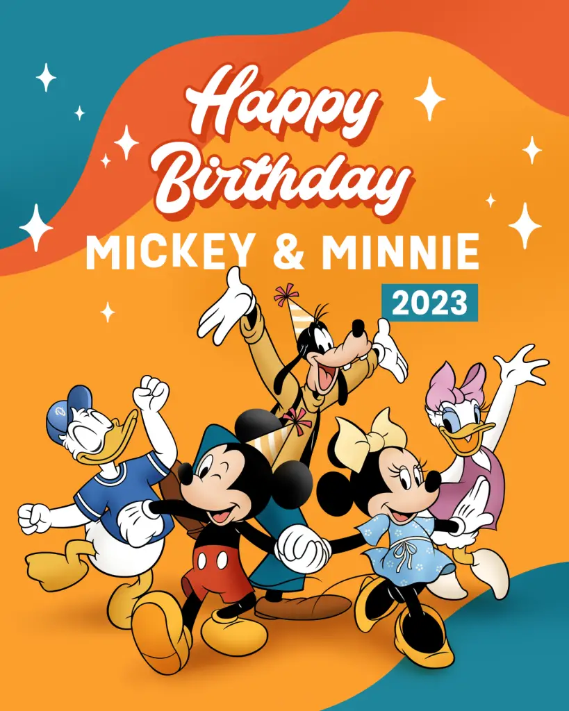 Mickey and Minnie birthday 2023, disneyland paris poster containing Mickey Mouse, Minnie Mouse, Donald duck, Goofy, and Daisy Duck