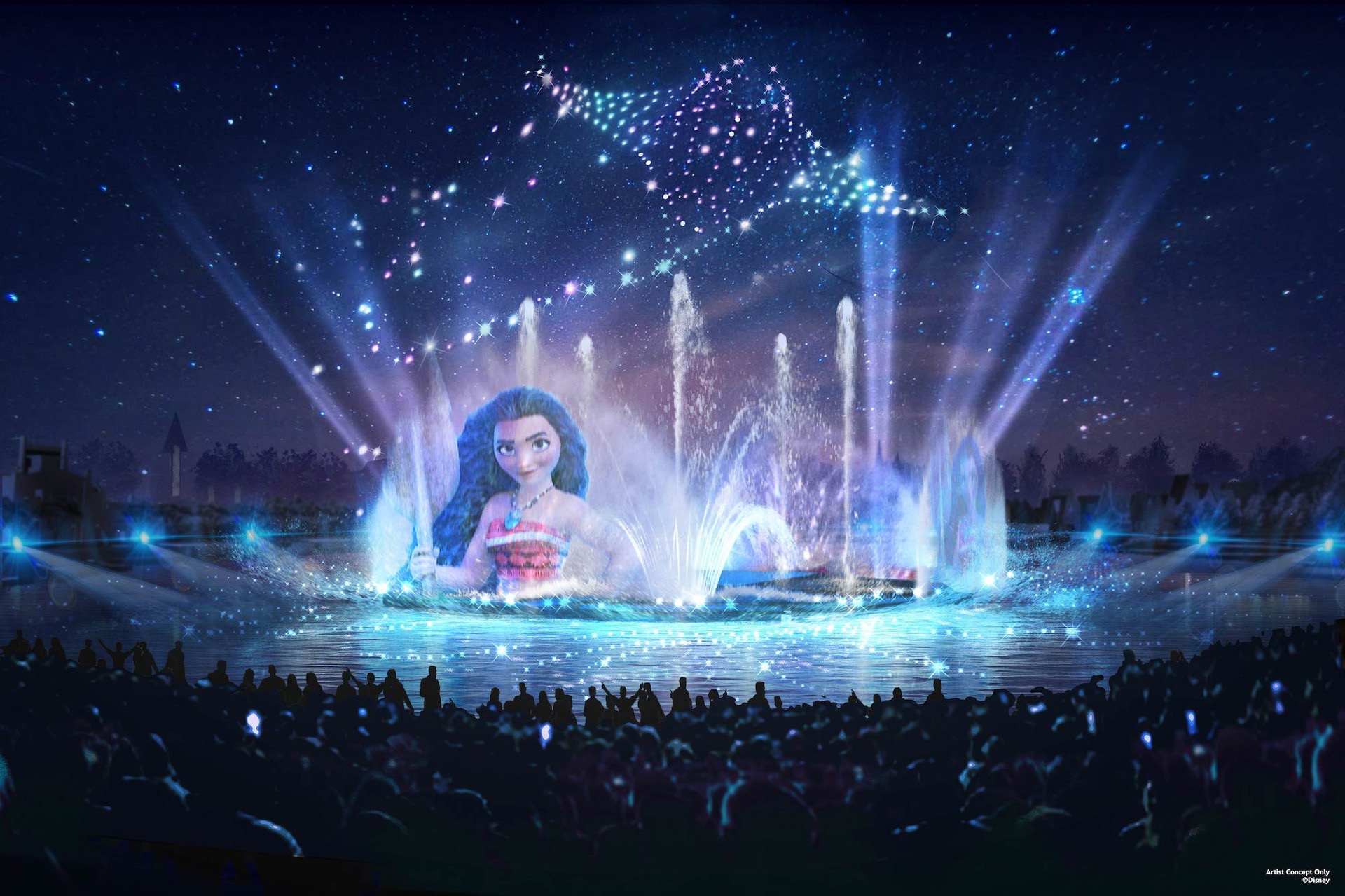 Unique Nighttime Show above the Central Lake at Disney Adventure World will debut with Water Drones in 2026!